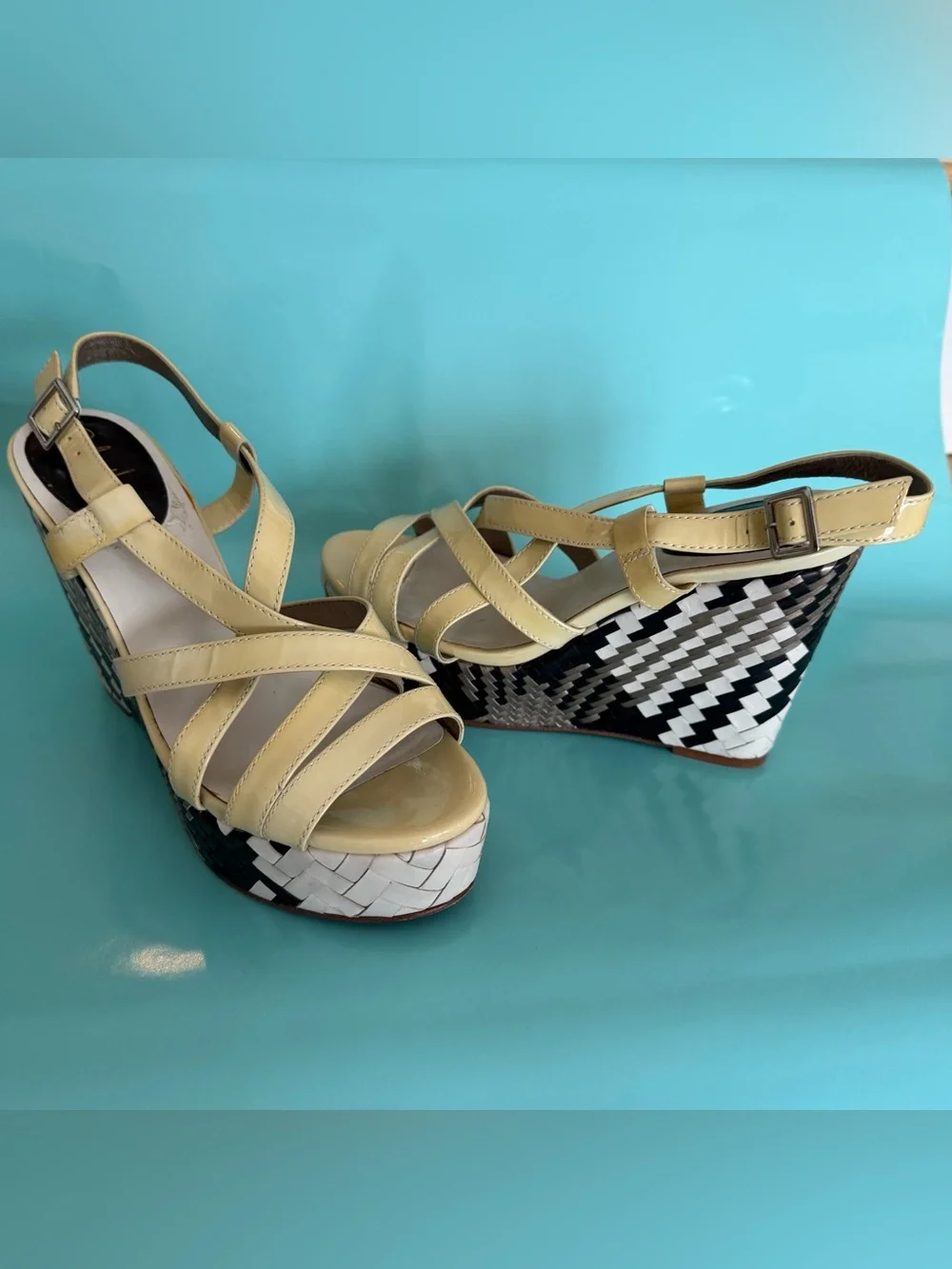 Cole Haan. Strappy Yellow Wedge Sandals with Black-and-White Woven Platform